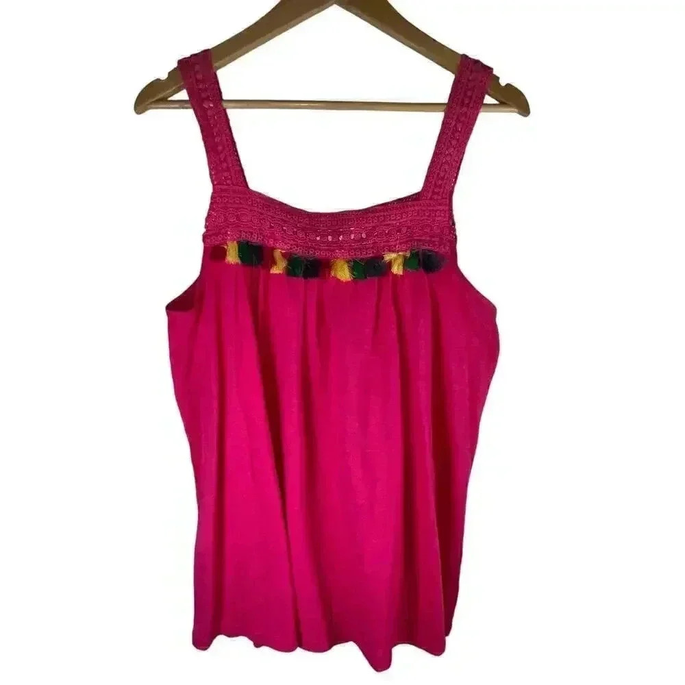 Tex Pink Embroidered Neck & Straps Colorful Tassel Casual Tank Top Large‎